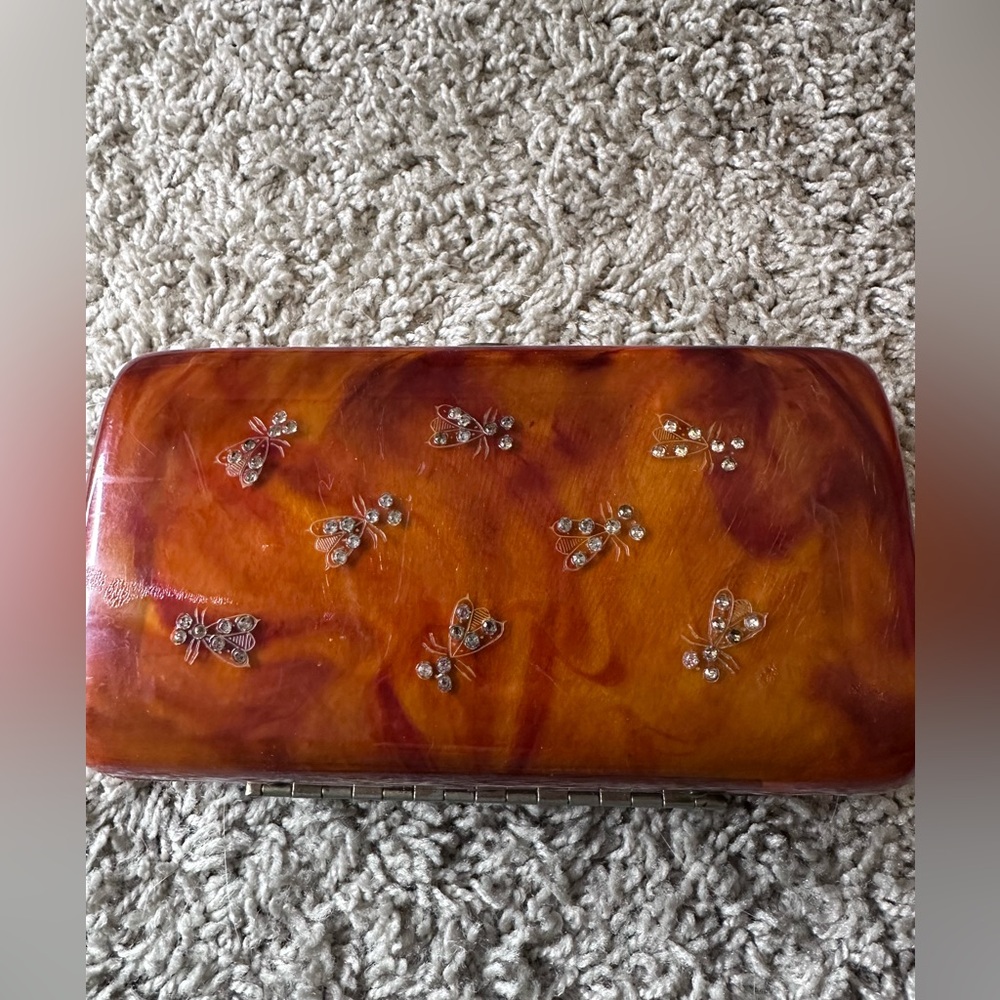 Vintage wood look Brown Clutch with Bee and Rhinestone Accents